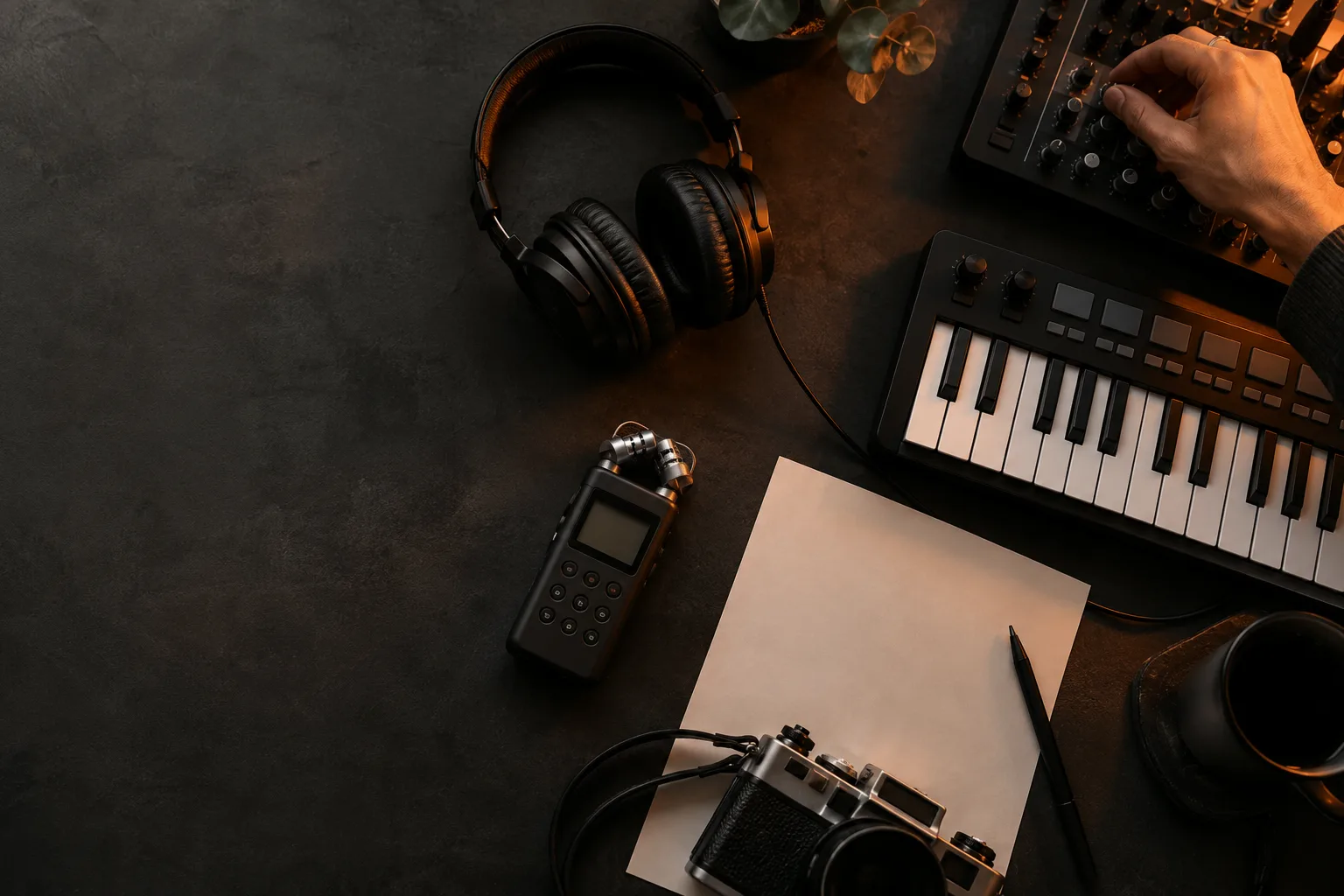 A creator’s desk with a MIDI keyboard, headphones and a field recorder