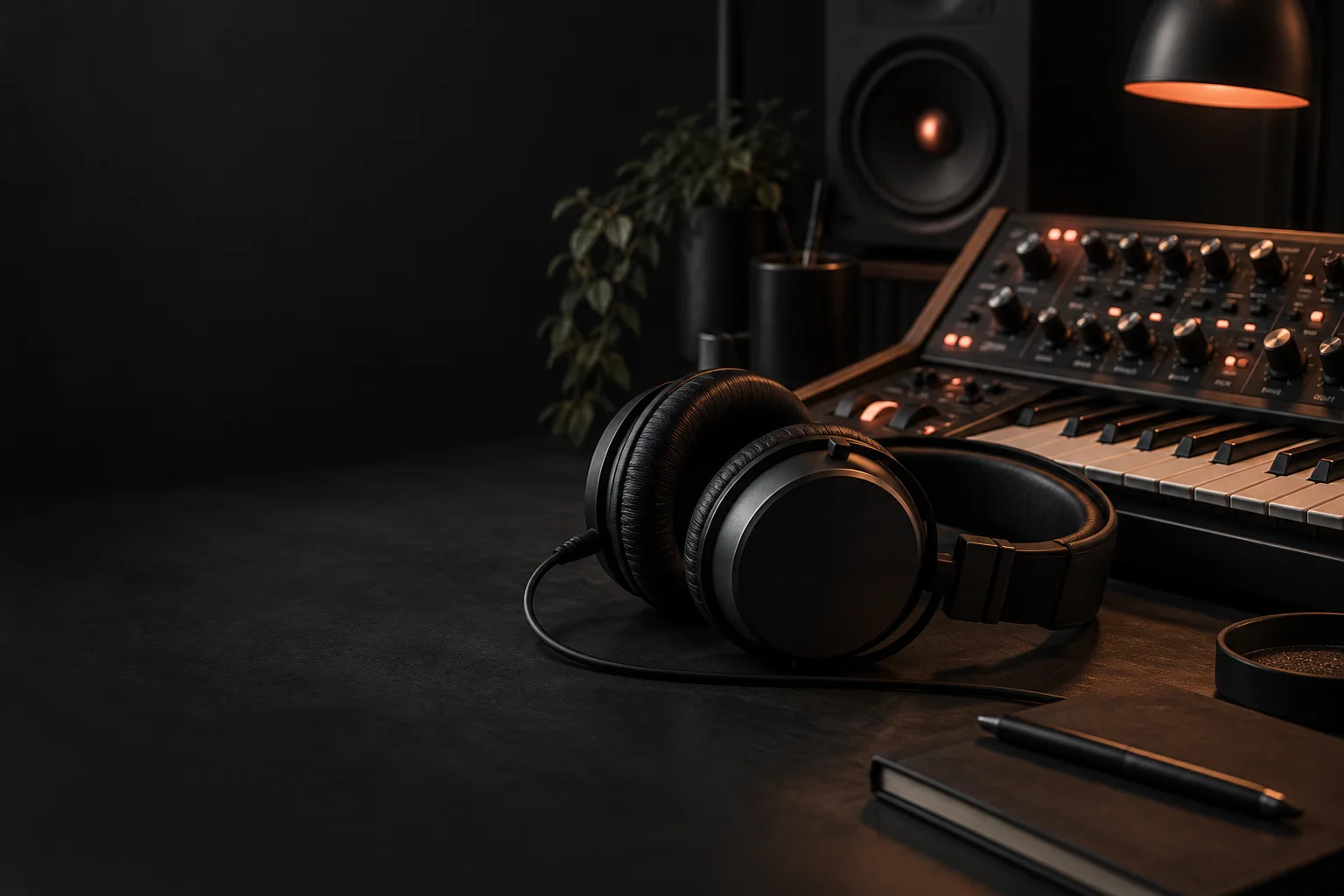 Headphones and a keyboard in a warmly lit music studio